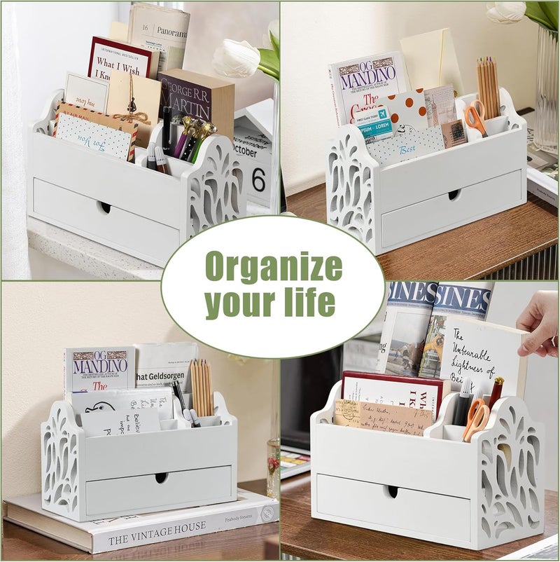 Dhmkfly Desk Organizer with Drawer Wood File Office Mail Organizer Countertop-5 Slot Tabletop Storage Pen Organizer Letter Holder for School Home Office Supplies (White) - Image 4